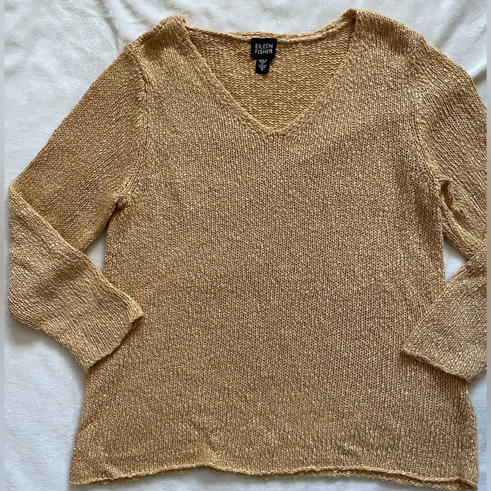 Eileen Fisher Women's Metallic Yellow Gold V-Neck Knit Sweater - Picture 2 of 5